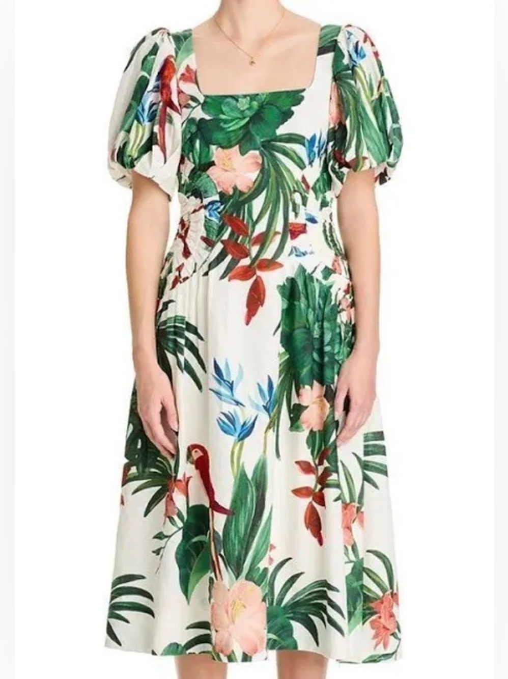 FARM Rio White Midi Dress with Green Tropical Print and Red Accents